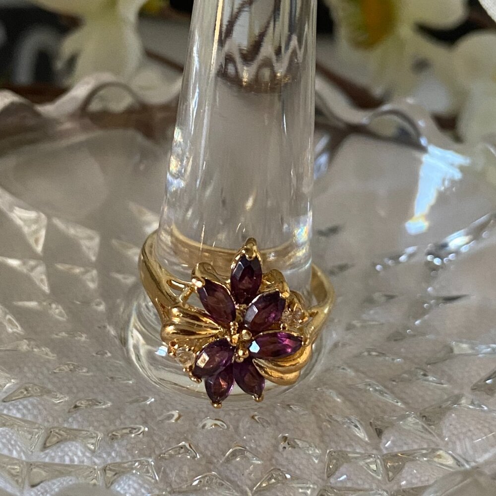 Vintage Roman Gold Tone, Purple Marquise Clear Rhinestone Statement Ring Size 10